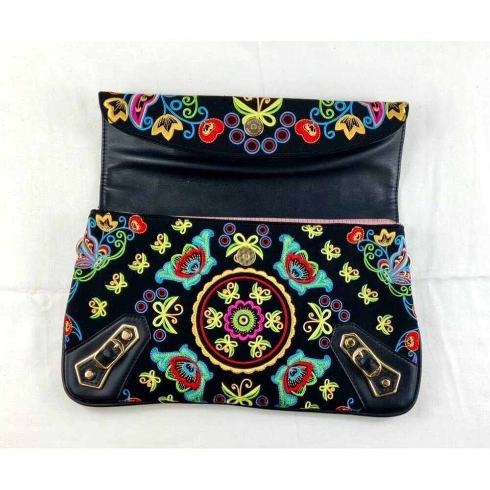 Fricaine Black Treasure Clutch Crossbody Luxury Boho Exotic Embroidered Flowers - Picture 5 of 12